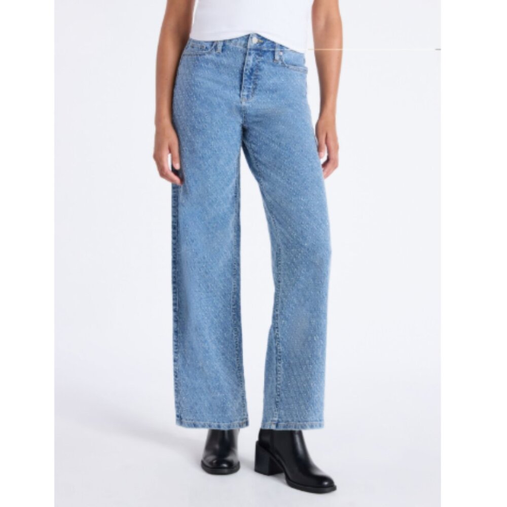 Time and Tru Women's High Rise Rhinestone Embroidered Wide Leg Jeans 14